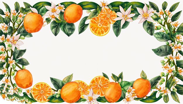 Frame of hand drawn blooming orange tree branches flowers oranges on white background copy space