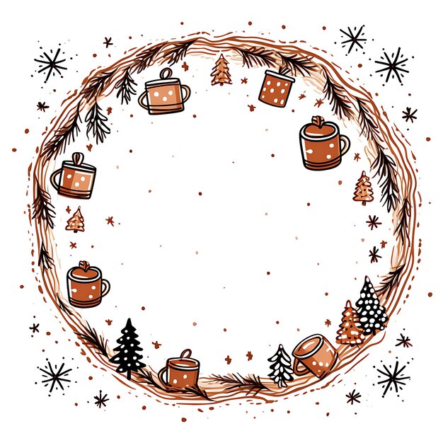 Frame of Hand Drawn Squiggly Circular Frame With Hot Cocoa Mugs Marsh Markers Clipart Tshirt Design
