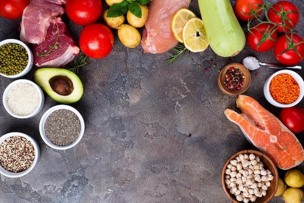 Telaio di cibo sano pulire la selezione di cibo tra cui alcune proteine previene il cancro