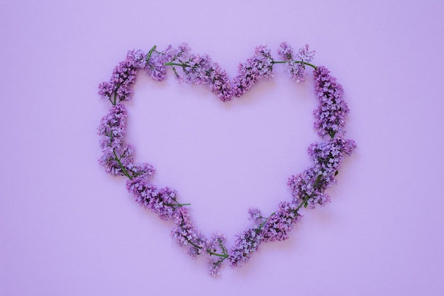 Frame heart of lilac branches on violet background flat lay top view