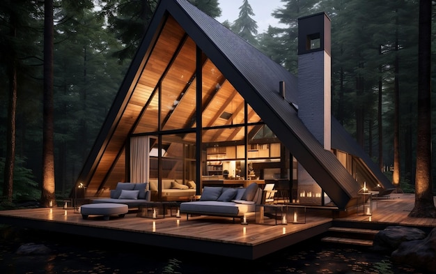 A frame house illuminated in the enchanting glow of the night amidst a serene forest setting AI