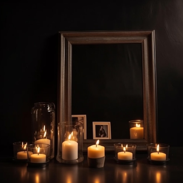 A frame is on the table with candles and a picture frame behind it.