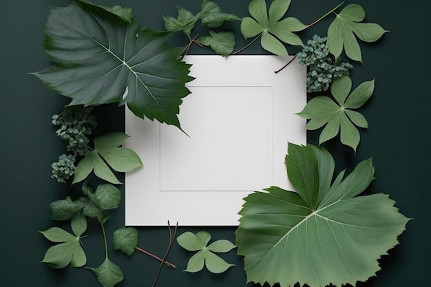 Frame is vierkant Groene bladeren en een notitie op een papieren kaart worden gebruikt in een creatieve lay-out Blanco voor gebruik als uitnodiging of visitekaartje Natuurgebaseerd idee minimalistische fotografie