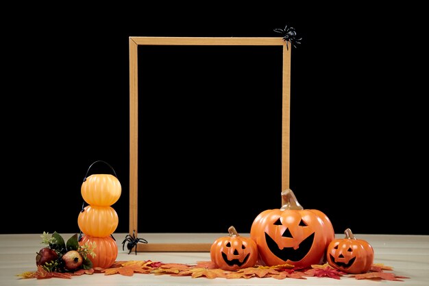 Frame and Jack O Lantern Halloween decoration pumpkin with witches hat