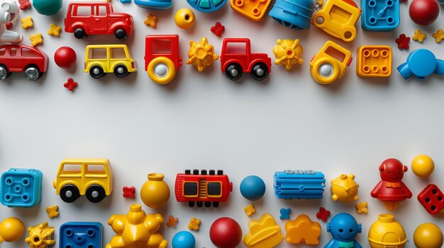 A frame of kids toys on a white background Top view Flat lay