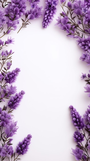 a frame of lavender flowers with a white background.