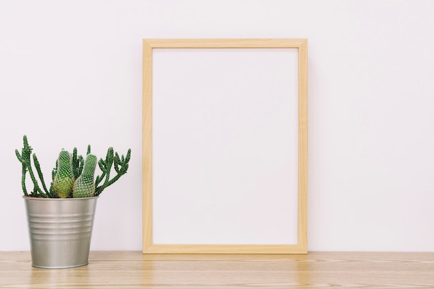 Photo frame leaning against wall with flower pot