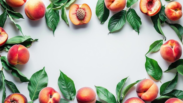 A frame of leaves and peaches on a white background