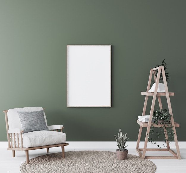 Photo frame in living room interior, natural wooden furniture on green background