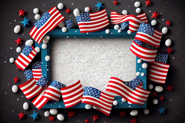Frame made of American flags and confetti stars on concrete stone Banner template