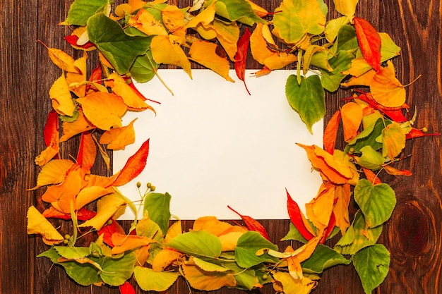 Photo frame made of autumn leaves with space for text on wooden background