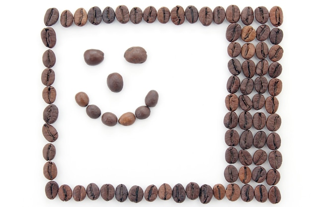コーヒー豆で作られたフレーム。笑顔
