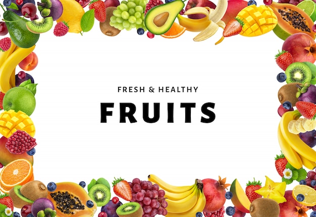 さまざまな果物や果実、白い背景で隔離の製フレーム