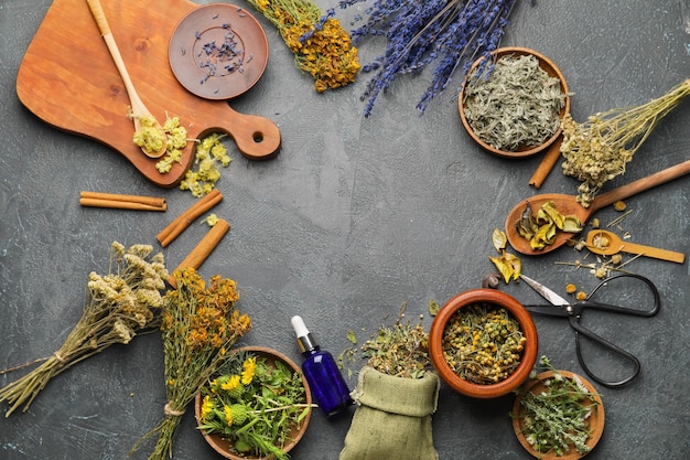 Photo frame made of different herbs on dark wall