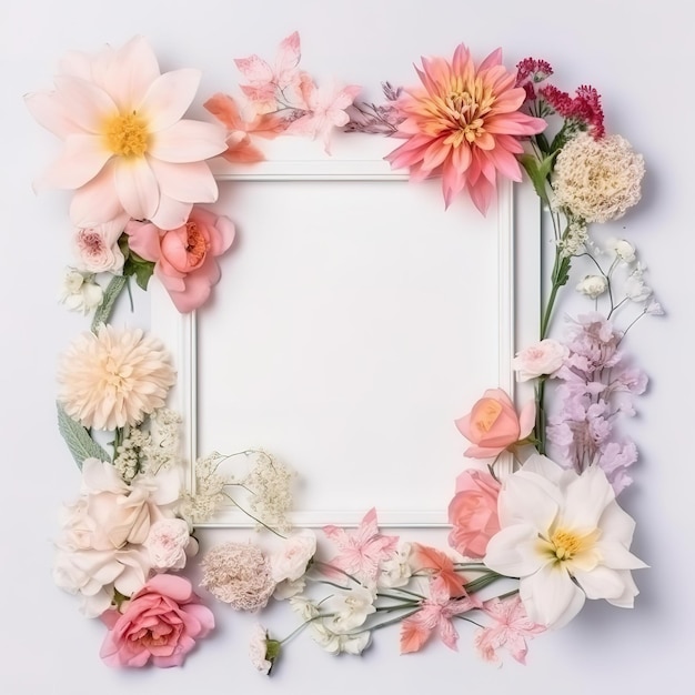 A frame made of flowers on a white background