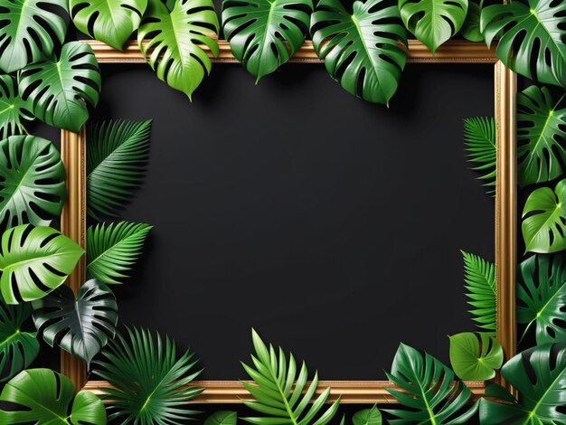 Photo frame made of fresh green tropical leaves on dark background space for design