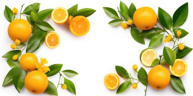 Frame made of fresh orange citrus fruit with leaves isolated