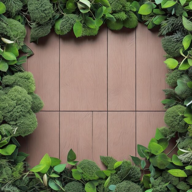 A frame made of green plants on a wooden background