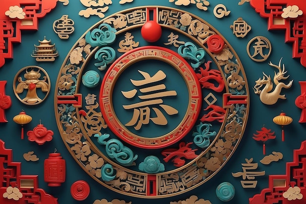 Фото Рамка из китайских символов на цветном фоне
