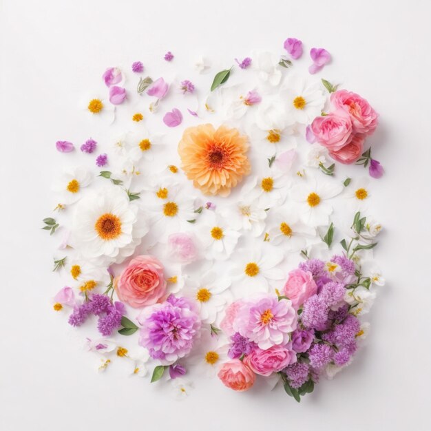 사진 색 바탕에 다채로운 꽃으로 만든 프레임 평평한 위쪽 뷰 생성 ai