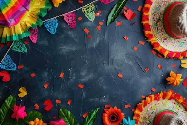 Foto frame made of mexican pinata sombrero hat garland and flags on dark background