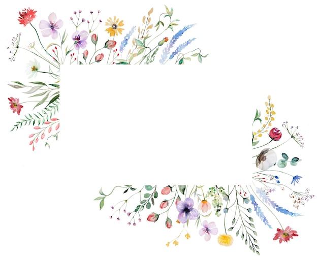 Фото Рамка из акварельных полевых цветов и листьев летняя свадьба и поздравительная иллюстрация