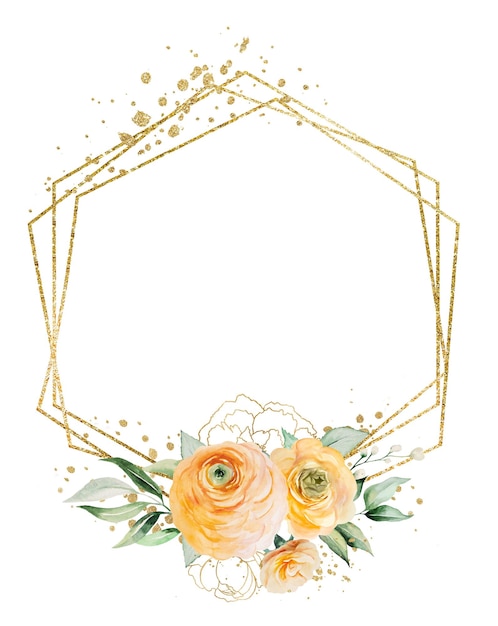 Frame made of orange and yellow watercolor flowers and green leaves isolated wedding illustration