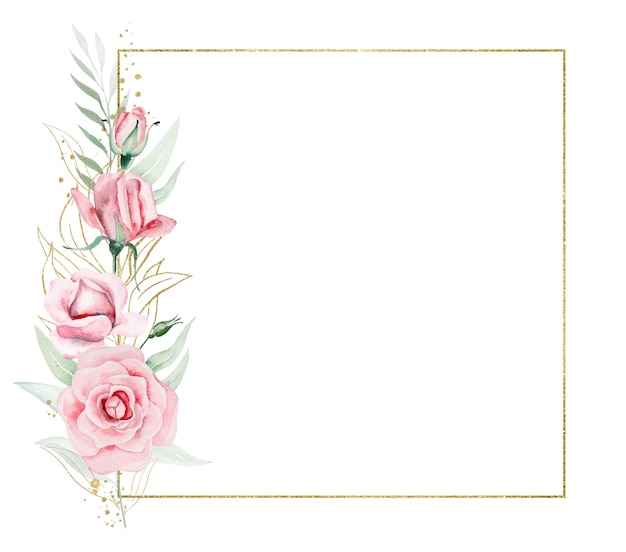 Frame made of pink watercolor flowers and green leaves wedding and greeting illustration