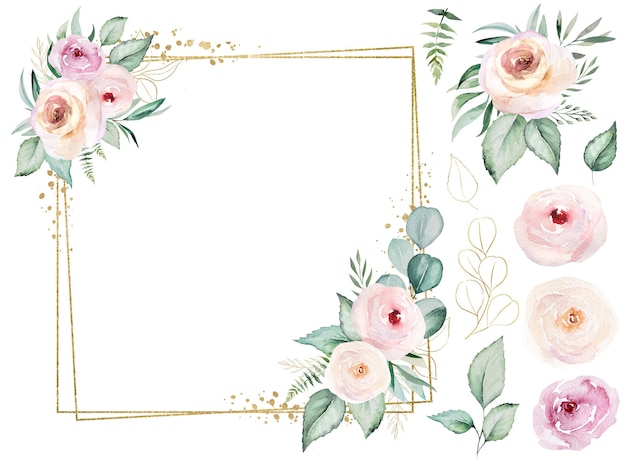 Frame made of pink watercolor flowers and light green leaves wedding and greeting illustration