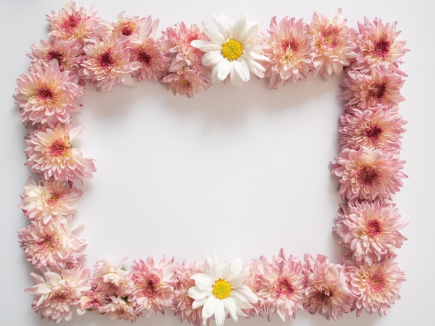 Frame made of pink and white flowers on white background