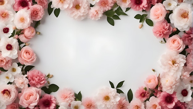 Frame made of pink and white rose flowers on white background top view