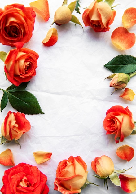 Frame made of red roses and leaves