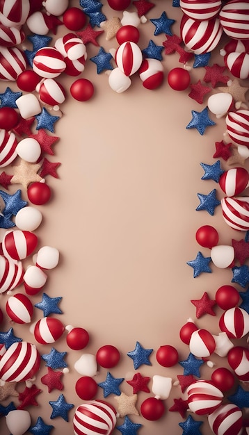 Frame made of red white and blue candies on brown background