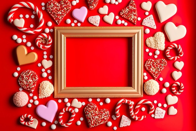 Frame made of sweets hearts gift boxes red decorations sparkles and confetti for Valentine's Day Love Generative AI