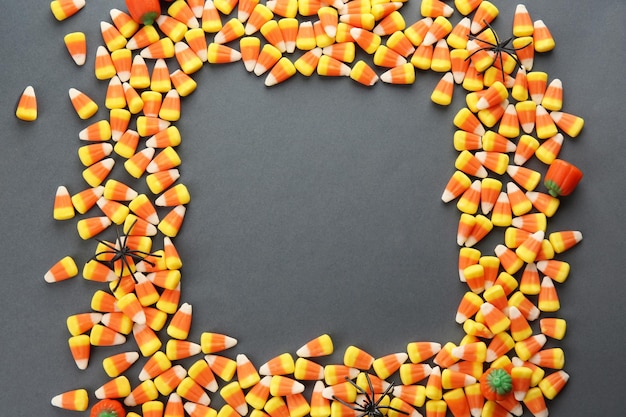 Photo frame made of tasty halloween candies on color background