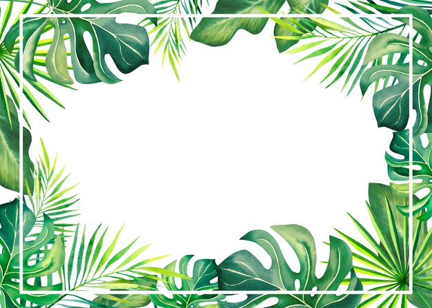 A frame made of tropical plants Monstera palm branch strelitzia banana leaves Brazilian carnival Watercolor illustration