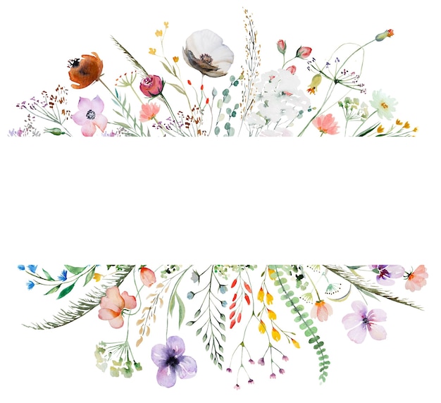 Foto cornice fatta di fiori di campo dell'acquerello e foglie di nozze e illustrazione di saluto