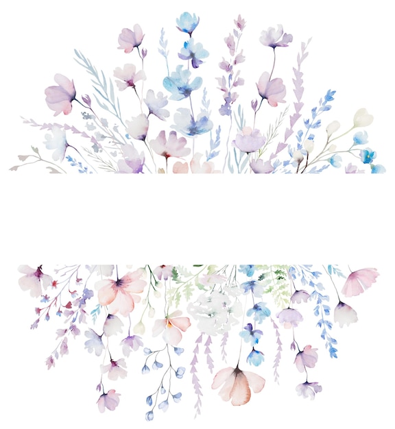 水彩のパステルで作られたフレーム 野生の花と葉 手描きの結婚式のイラスト