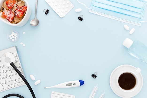 Photo frame of medical desk and breakfast