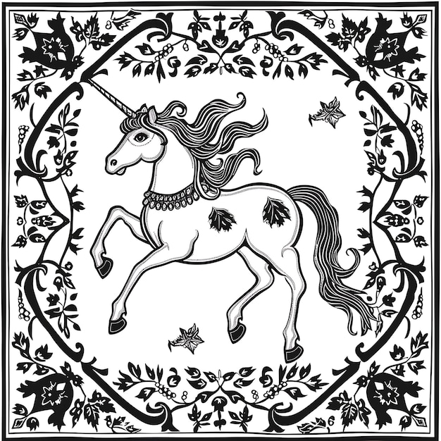 Frame of Medieval Tapestry CNC Art With Vine Border and Unicorn Moti CNC Die Cut Outline Tattoo