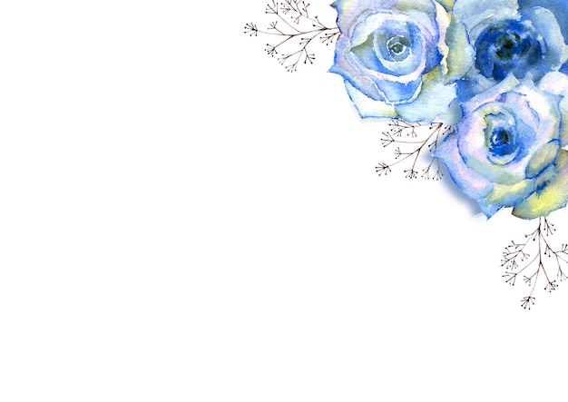 Frame met bloemen aquarel illustratie. Blauwe rozen op witte geïsoleerde achtergrond. Heldere bloemen, bladeren, voor bruiloft briefpapier, groeten, behang, mode, achtergrond, textuur, verpakking.
