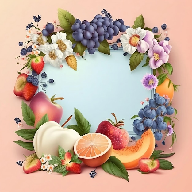 Frame met bloemen en fruit op pastel achtergrond