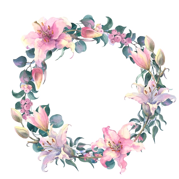 Frame met delicate roze lelie bloemen en eucalyptus aquarel illustratie geneeskrachtige kruiden voor kaarten