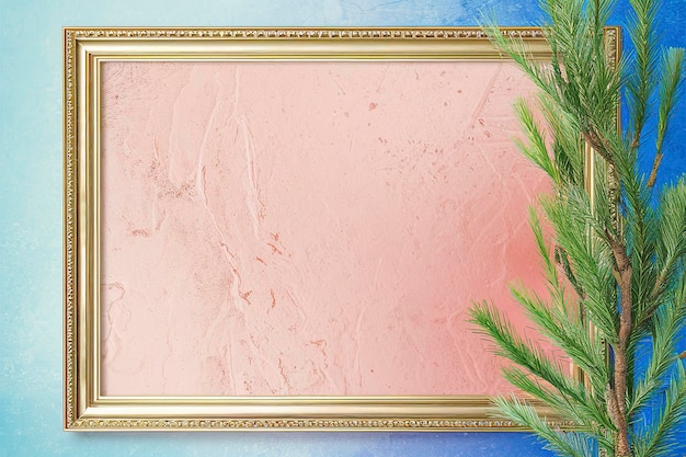 Frame met een gestructureerde roze achtergrond op blauw met een tak van groene thuja