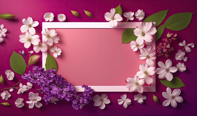 Frame Met Lentebloemen Op Magenta Achtergrond Lente Thema