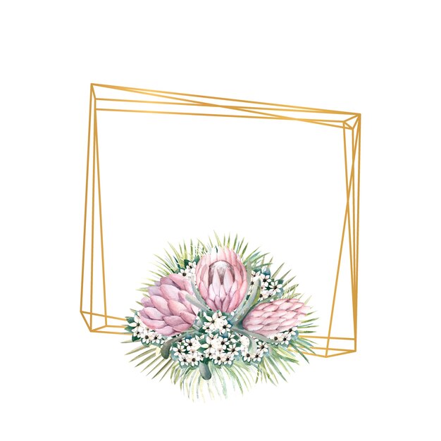 Frame met protea bloemen, tropische bladeren, palmbladeren, bouvardia bloemen