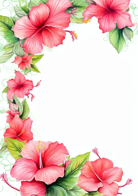 Foto frame met roze hibiscusbloemen en bladeren voor uitnodigingen, kaartjes of evenementen