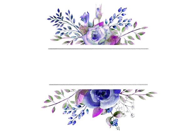 Frame met rozen, bladeren, bessen, decoratieve twijgen. Huwelijksconcept met bloemen. Aquarel compositie in blauwe tinten voor wenskaarten of uitnodigingen.