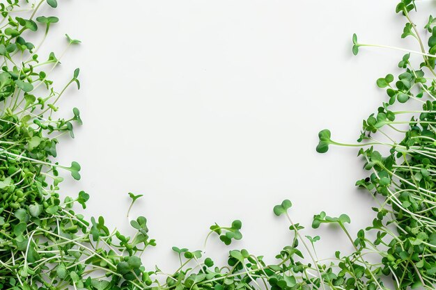 Frame of Microgreens top view on white background with Copy space Flat lay on Green sprouts of plan