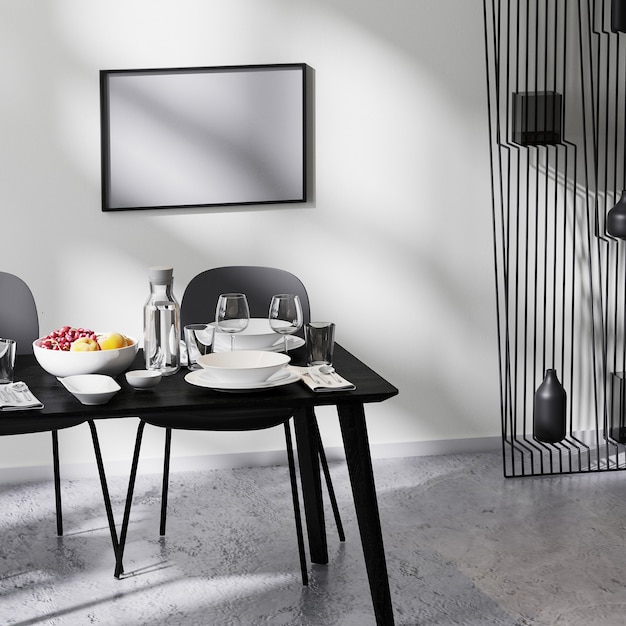 Фото Макет рамы в современном минималистском дизайне интерьера, крупный план обеденного стола со стульями, белая стена и бетонный пол, сервировка стола, 3d-рендеринг